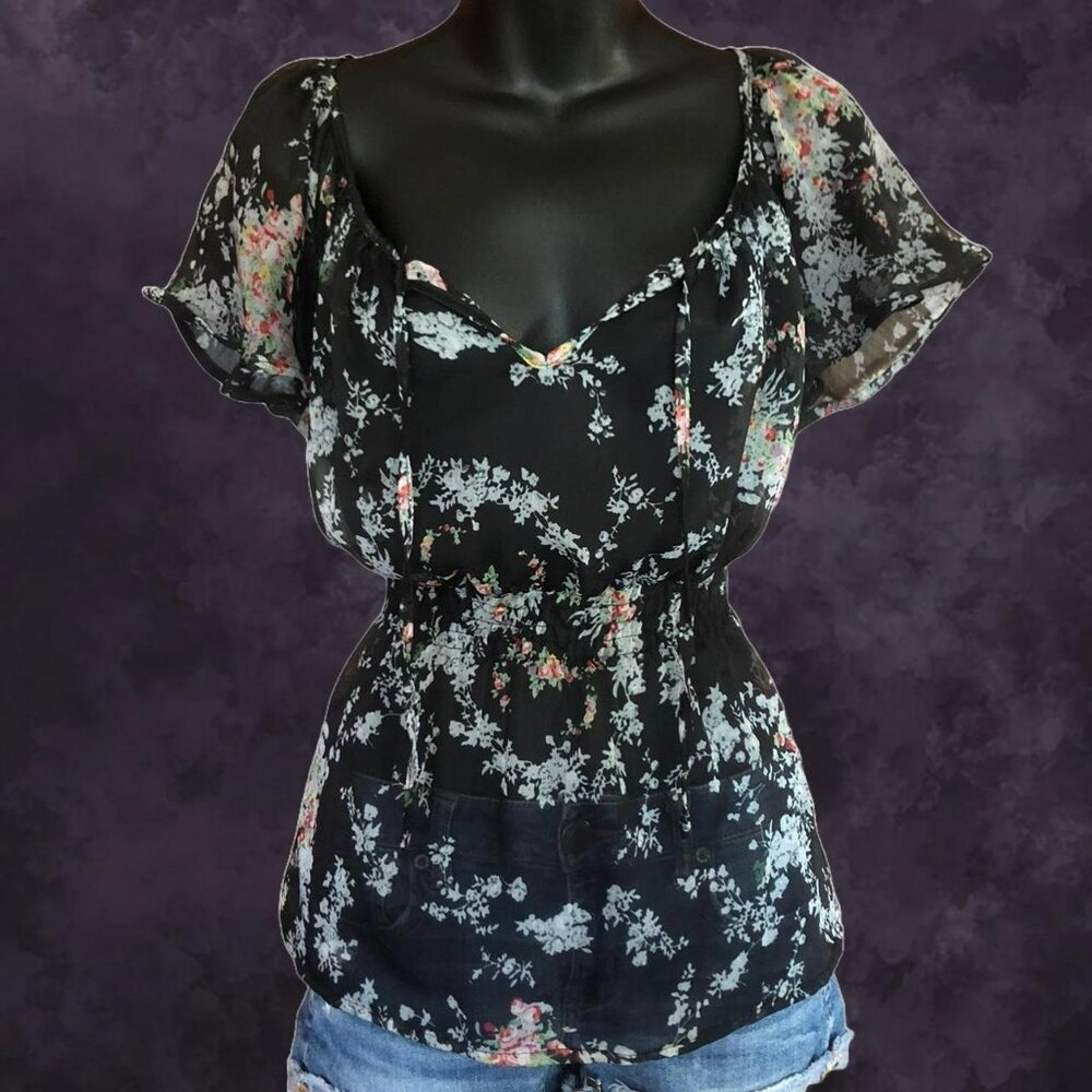 Sheer Floral Babydoll Blouse
